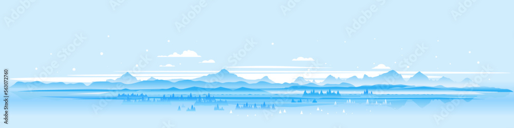 Winter nature landscape panorama with spruce-trees near the snowy mountains, beautiful winter day on snowy hills, forest at the foot of mountains Winter nature landscape panorama with spruce-trees near the snowy mountains, beautiful winter day on snowy hills, forest at the foot of mountains