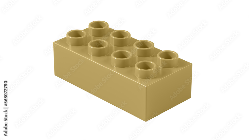 Fototapeta premium Antique Gold Plastic Block Isolated on a White Background. Children Toy Brick, Perspective View. Close Up View of a Game Block for Constructors. 3D illustration with a Work Path. 8K Ultra HD
