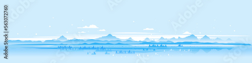 Winter nature landscape panorama with spruce-trees near the snowy mountains, beautiful winter day on snowy hills, forest at the foot of mountains