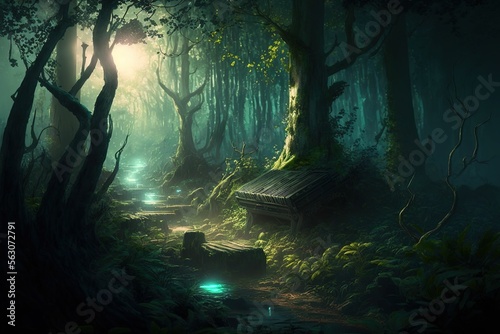 Magical fantasy fairy tale scenery, night in a forest ,made with Generative AI © DNY3D