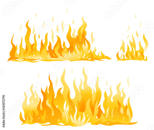 Set of fire flames isolated illustration, horizontal hot fire flame compositions, cartoon fiery wall