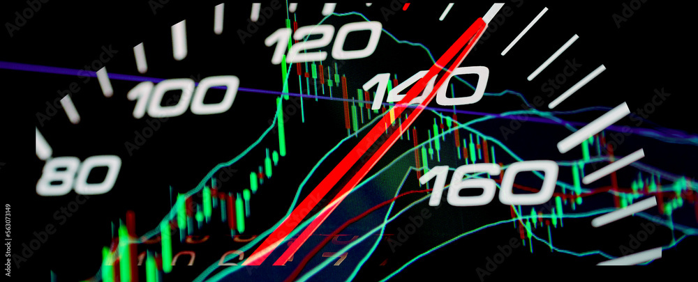 Data analyzing trading market.Speedometer with Futuristic Speed.Working set for analyzing financial statistics and analyzing a market data. Double exposure.Dark background.Banner.