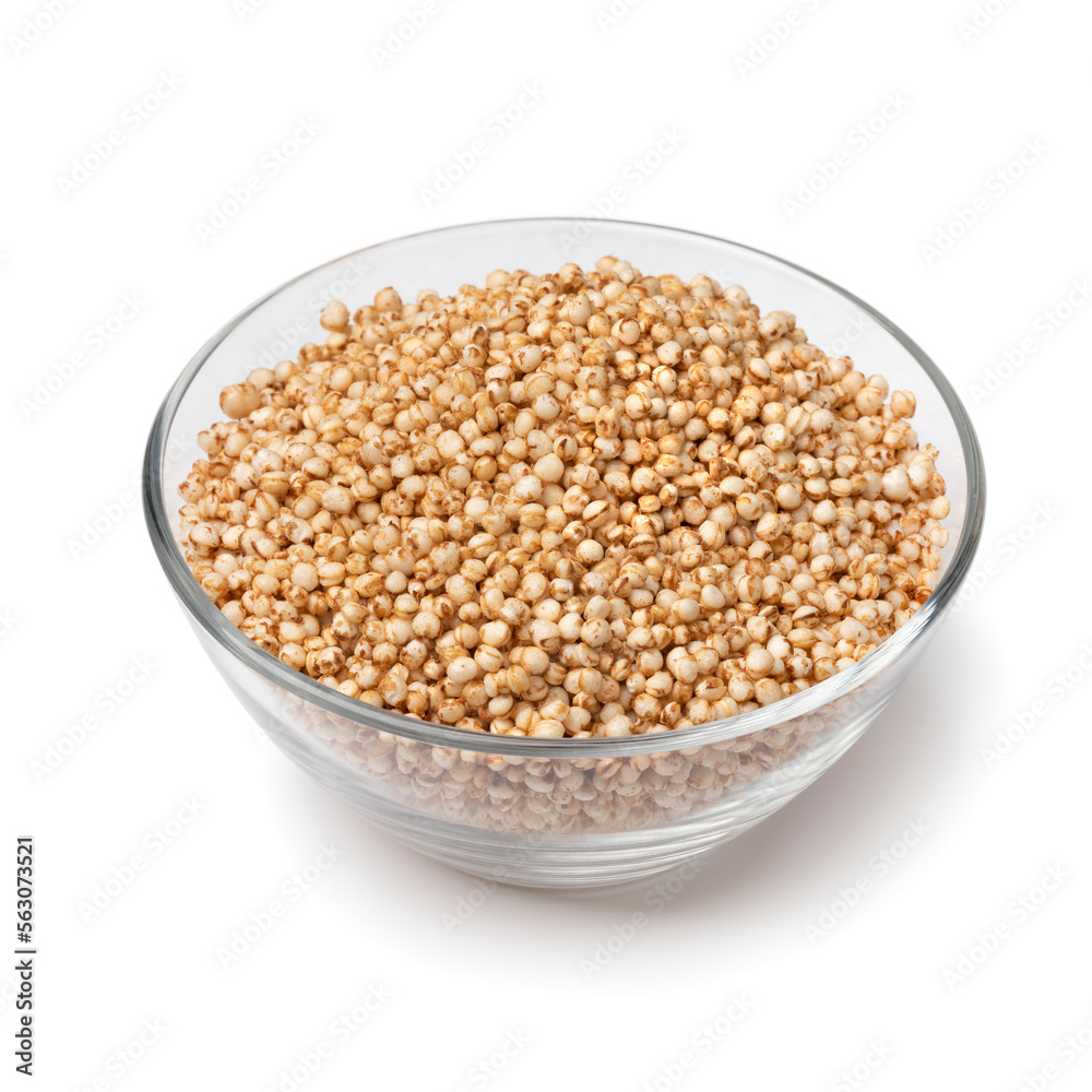 Glass bowl with puffed quinoa close up on white background Glass bowl with puffed quinoa close up on white background