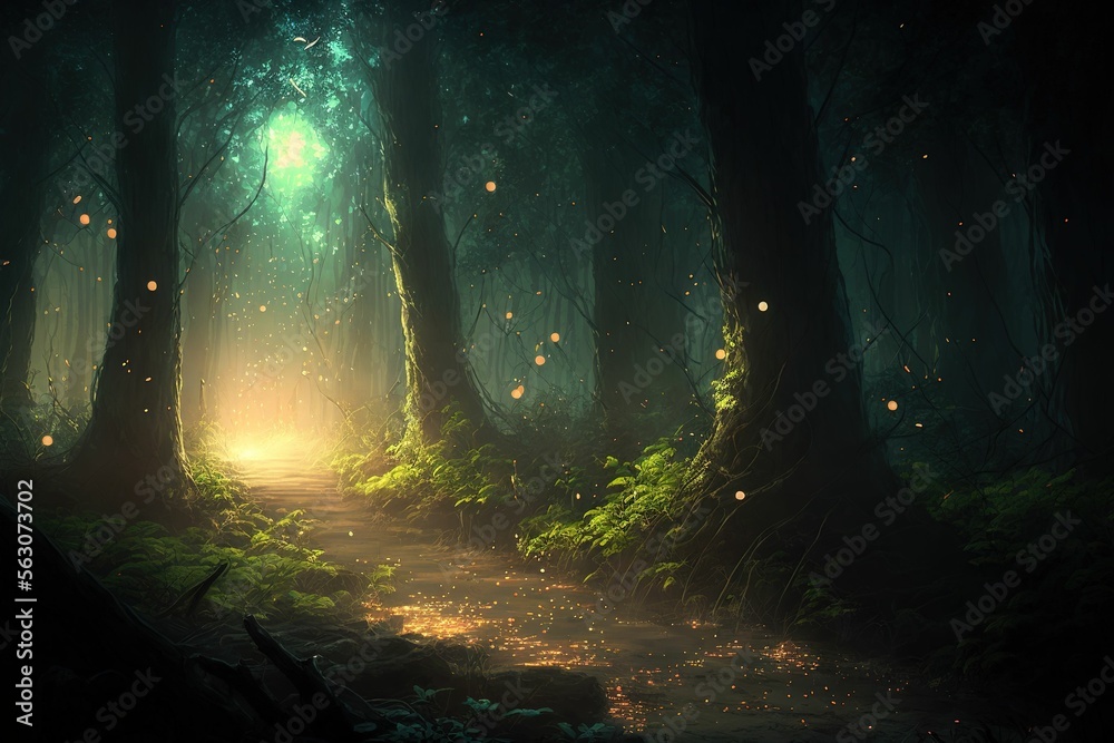 Magical fantasy fairy tale scenery, night in a forest ,made with Generative AI Magical fantasy fairy tale scenery, night in a forest ,made with Generative AI
