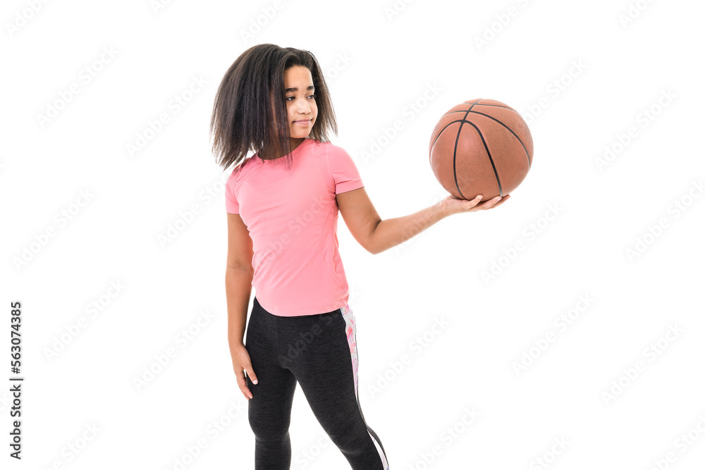 Studio shot of young girl, basketball player over white background Studio shot of young girl, basketball player over white background