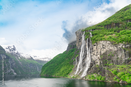Beautiful waterfall called the Seven Sisters located in Geiranger Fjord, Norway