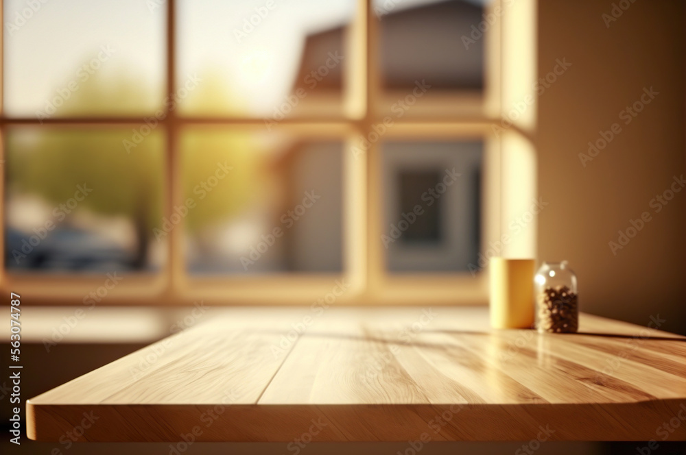 wooden table and blurred window background, aesthetic minimalist background