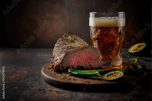 Still life with beer aned steaks. Genarative AI photo