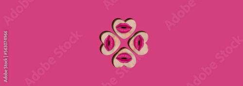 Banner plump lips, painted pink lipstick. Lips in a hole in the form of a heart made of Viva magenta Pattern Fashion, beauty, makeup, cosmetics, beauty salon, style Valentines day © Igor Starodubtsev