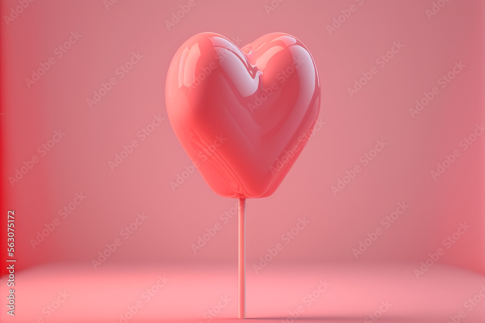 3d render pink heart shaped lollipop baby pink background generative ai