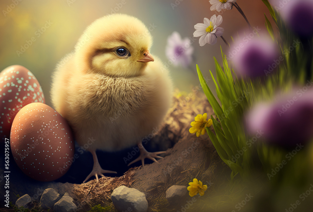 Adorable baby chick in a spring meadow with easter eggs. Generative ai