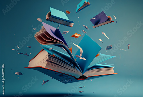 A blue open book with pages flying from it. Generative ai