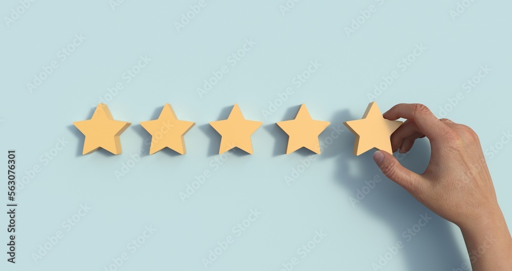 5 stars rating review, best quality products and services concept with customer giving feedback. Client satisfaction, reputation and excellence. Performance evaluation. Minimalist design with wood - obrazy, fototapety, plakaty 