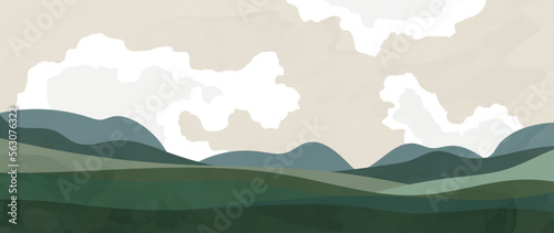 Abstract watercolor vector landscape on a warm background. Mountains and field, landscape, wallpaper in a minimalist style with a touch of earth and summer color. For print, interior, wall art, decor
