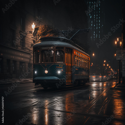 Fotobehang tram in the night - ai