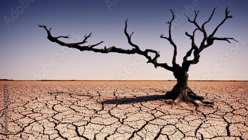Stampa su tela Land with arid soil dying trees and cracked soil desert global warming background