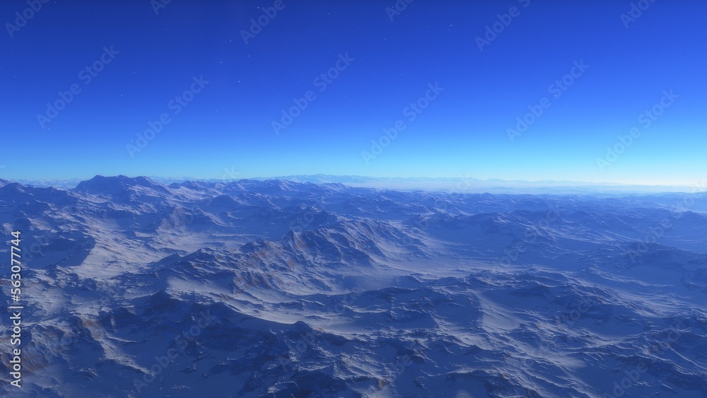 Mars like red planet, with arid landscape, rocky hills and mountains, for space exploration and science fiction backgrounds.
