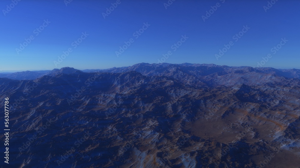 Mars like red planet, with arid landscape, rocky hills and mountains, for space exploration and science fiction backgrounds.
