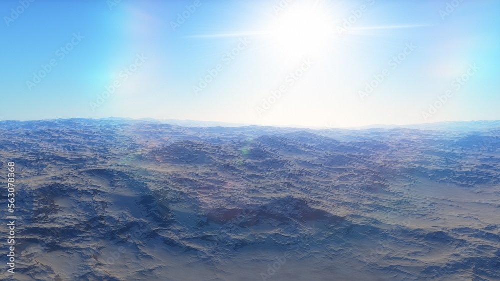 realistic surface of an alien planet, view from the surface of an exo-planet, canyons on an alien planet, stone planet, desert planet 3d render
