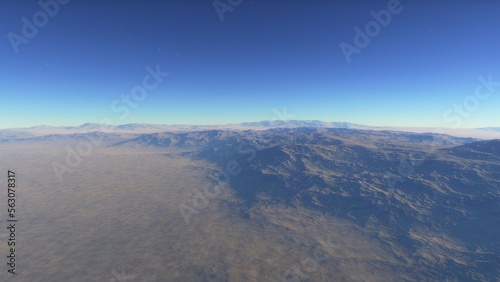 realistic surface of an alien planet  view from the surface of an exo-planet  canyons on an alien planet  stone planet  desert planet 3d render 