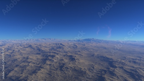 realistic surface of an alien planet  view from the surface of an exo-planet  canyons on an alien planet  stone planet  desert planet 3d render 