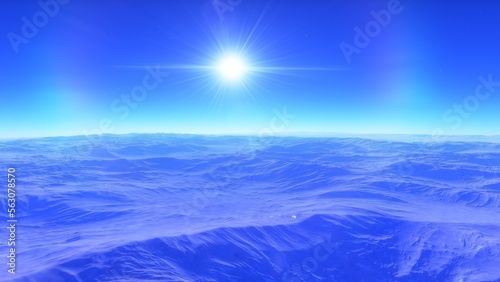 Exoplanet fantastic landscape. Beautiful views of the mountains and sky with unexplored planets. 3D illustration. 
