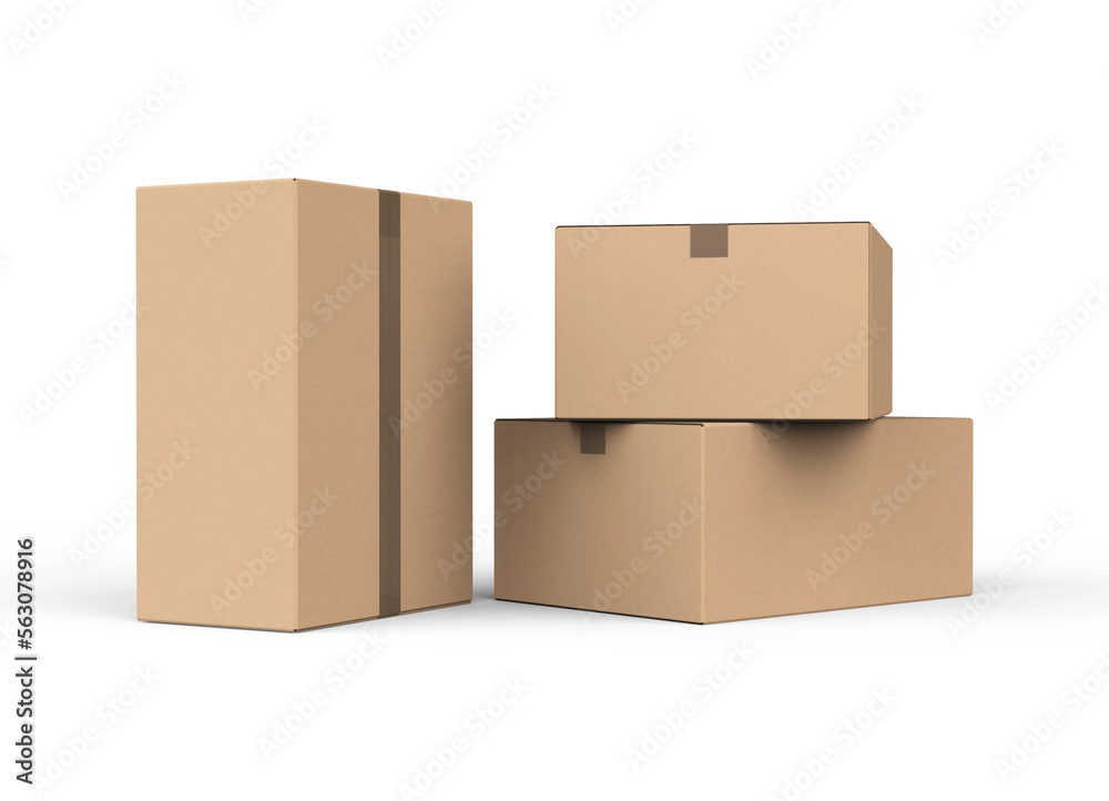 Three cardboard carton boxes on white background 3d Render 
