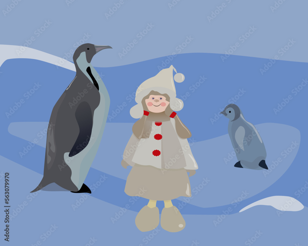 Obraz premium a young big penguins on the rocks and small girl