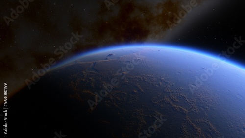 super-earth planet, realistic exoplanet, planet suitable for colonization, earth-like planet in far space, planets background 3d render
