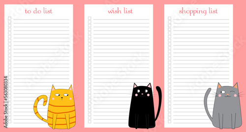 A set of to do lists, wish lists, and shopping lists. Planner template with an illustration of cute cats. Vector illustration