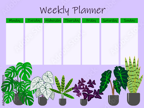 Cute template for a to do list for the week with an illustration of houseplants. Weekly planner organizer. Trendy self organization concept with graphic design elements. Vector illustration