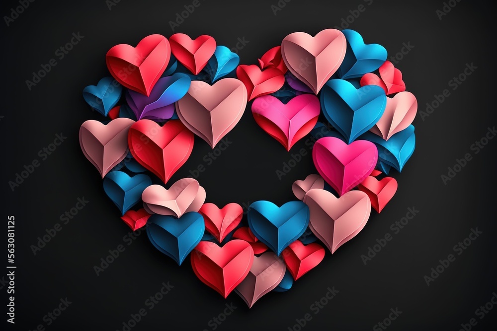 custom made wallpaper toronto digitalHappy Valentine's Day banner. Holiday background design with big heart made of pink, red and blue Origami Hearts on black fabric background ,made with Generative AI
