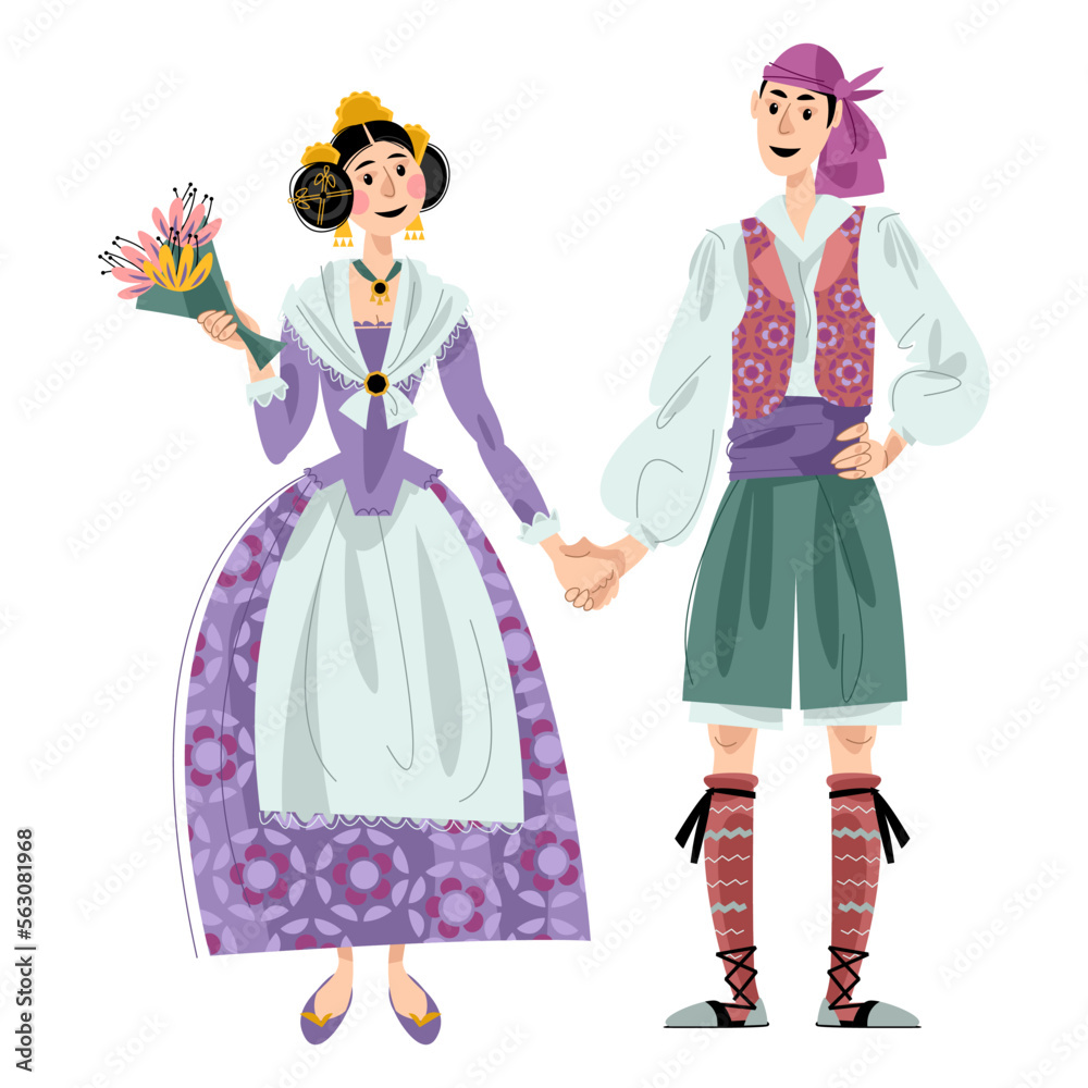 Couple in traditional clothes during the festival of Las Fallas (Festival of Fire) in Valencia, Spain Couple in traditional clothes during the festival of Las Fallas (Festival of Fire) in Valencia, Spain