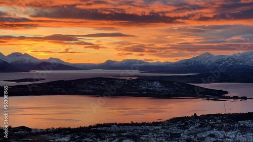 sunset in the mountains over the fjord, Tromsø, Norway