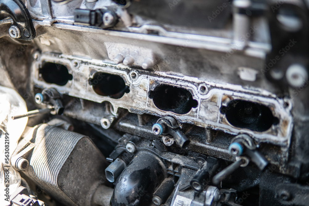 car engine Dirty intake manifold. Close up of dirty intake manifold