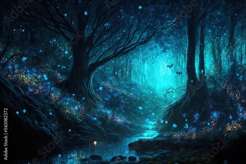 Magical fantasy fairy tale scenery, night in a forest ,made with Generative AI