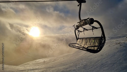 lift chairs in beautiful sunlight  Myrkdalen  Norway