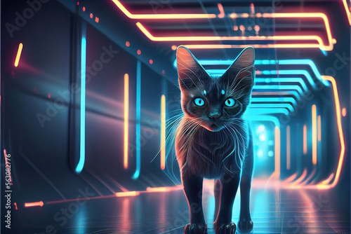 Cat on a futuristic background Sci fi colorful with Generative AI