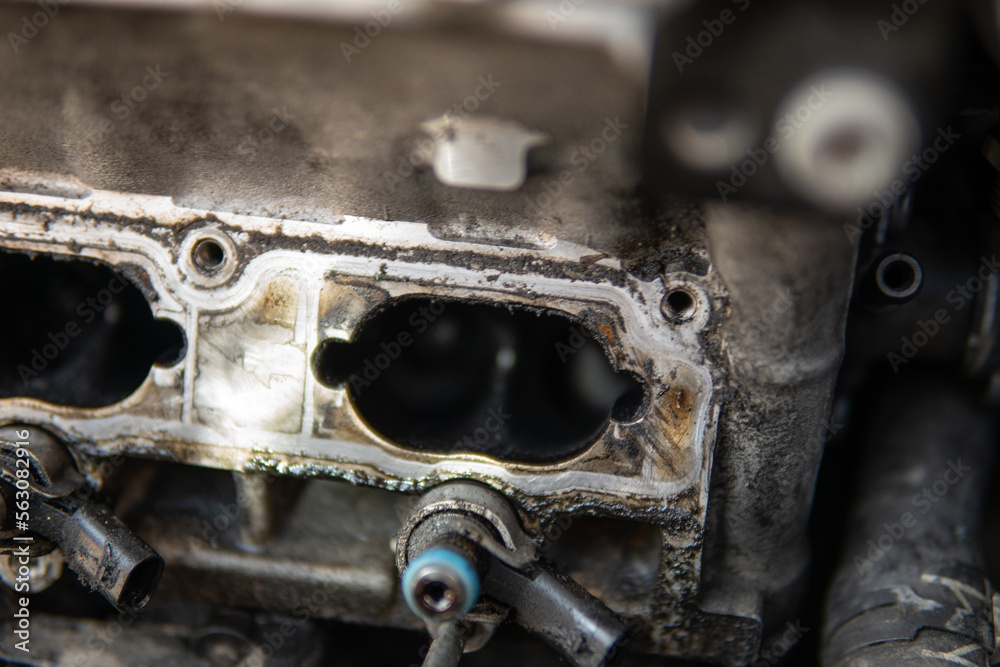 Car repair concept. Dirty intake manifold. dirty engine Intake car engine Engine cleaning