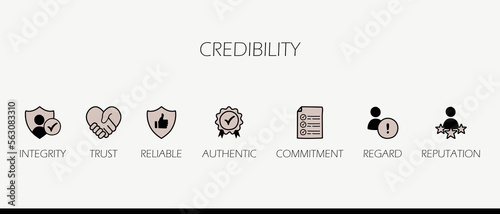 hand drawn credibility icon infographic symbol set. banner of credibility, integrity, trust, reliable, commitment, regard, reputation photo