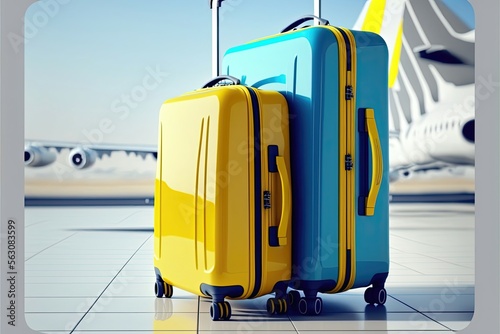 Blue and yellow suitcases in white airport Travel concept, 3d. Generative AI 
