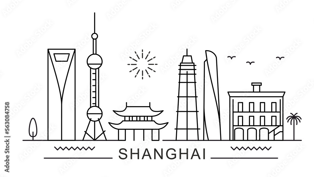 Fototapeta premium Shanghai City Line View. Poster print minimal design.