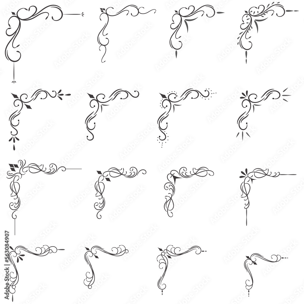 Set of mixed border corners and floral classical decorations, Vector illustration of decorative corner frame set.