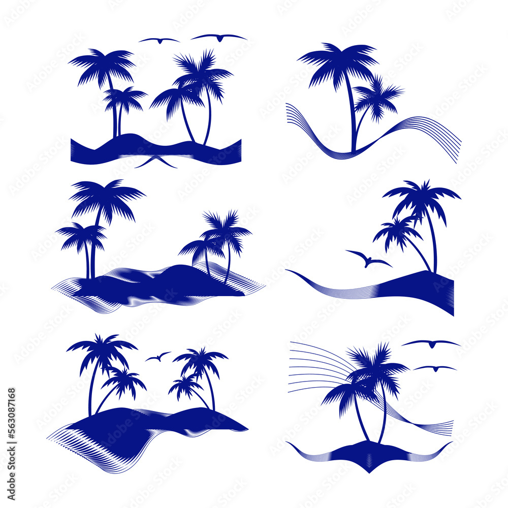 An island in the ocean. Palm trees, waves. Blue silhouette on a white background. Logo, emblem. Set.