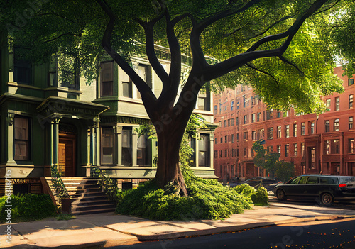 Sun shining down on a beautiful street in New York. Old tree with branches casts an extensive shadow. Generative AI Art. American architecture with modenr and historic buildings. photo