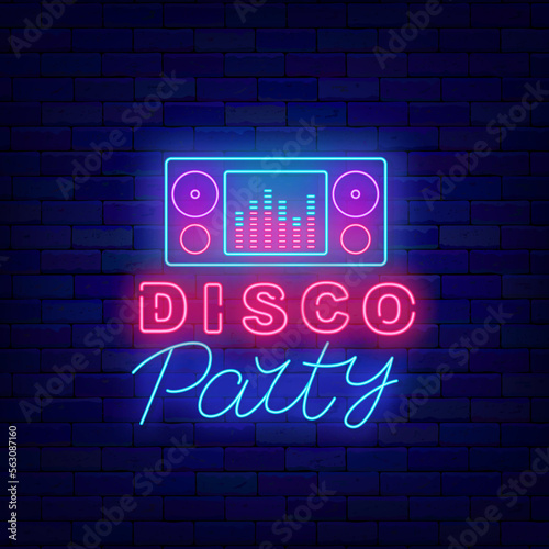 Disco party neon label on brick wall. Announcement template. Music player. Vector stock illustration