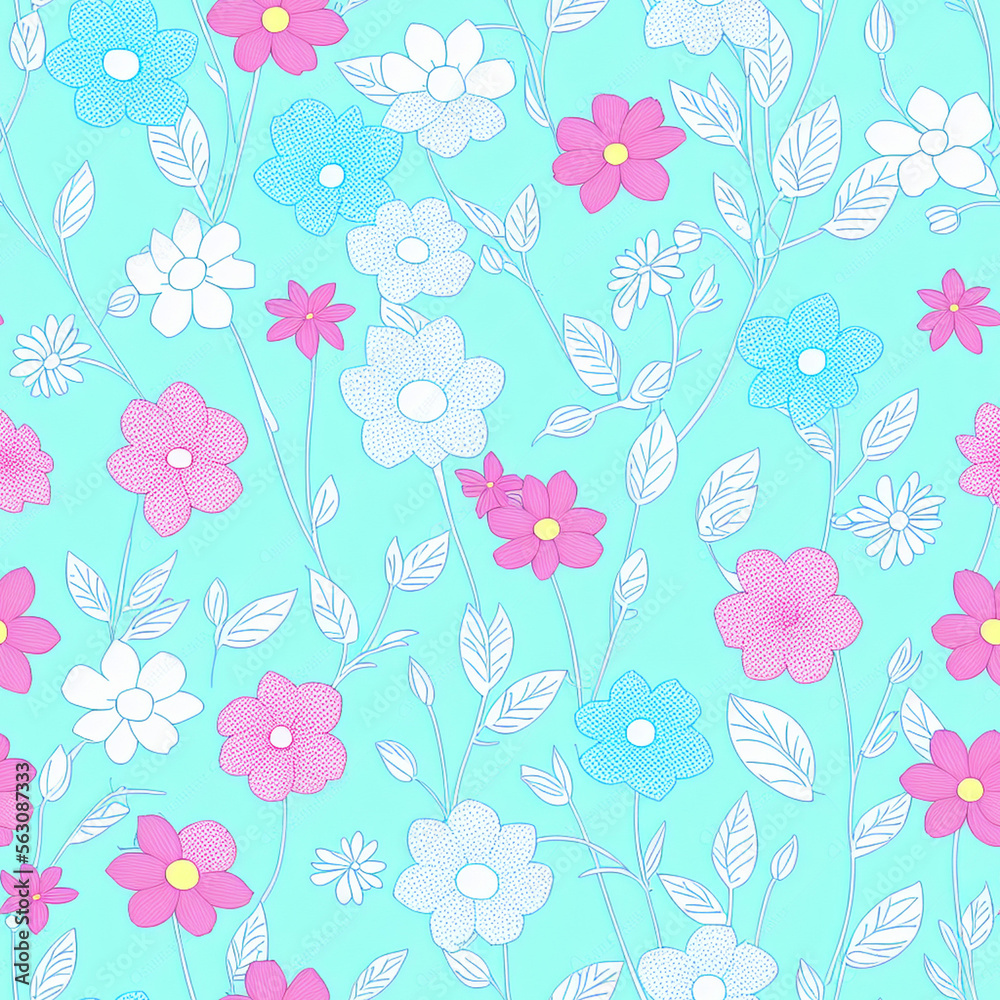seamless light blue pattern with flowers [Generative AI]