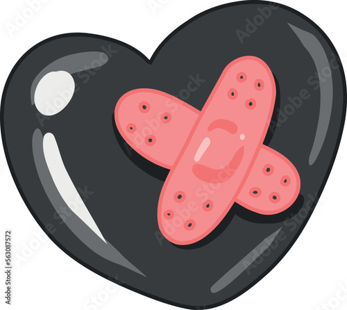 A black heart taped over with a Band-Aid, Creepy Valentine clipart, Spooky Valentine, Pastel Goth digital stickers, Alternative Valentine day vector EPS10