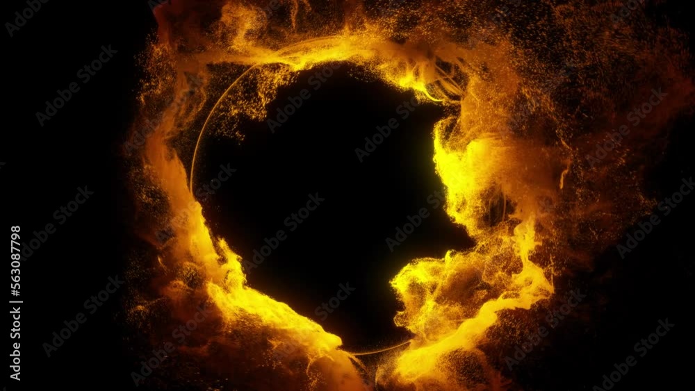 4K loop abstract burning ring of fire on black background. Rotating fiery orange smoke, inter-dimensional portal and sparkling VFX effect. perfect for logo reveal.