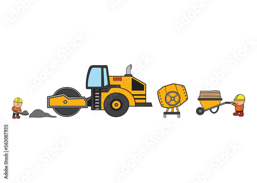 vector illustration Hand drawn color children construction set of construction worker with road roller and cement mixer clip art